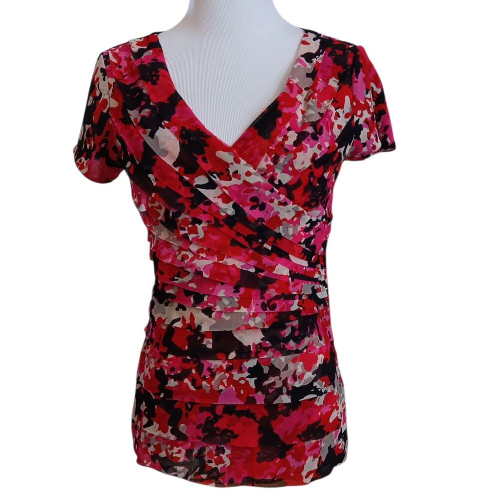 Y2K‎ Top Blouse S Pleats Artsy Coquette Vamp Abstract Floral Career Office Event